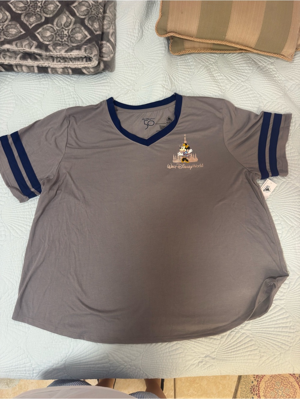 Disney Gray V-Neck Tee with Navy Trim